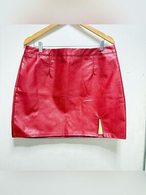 Lulu's Red Faux Leather Mini Skirt with Side Slit